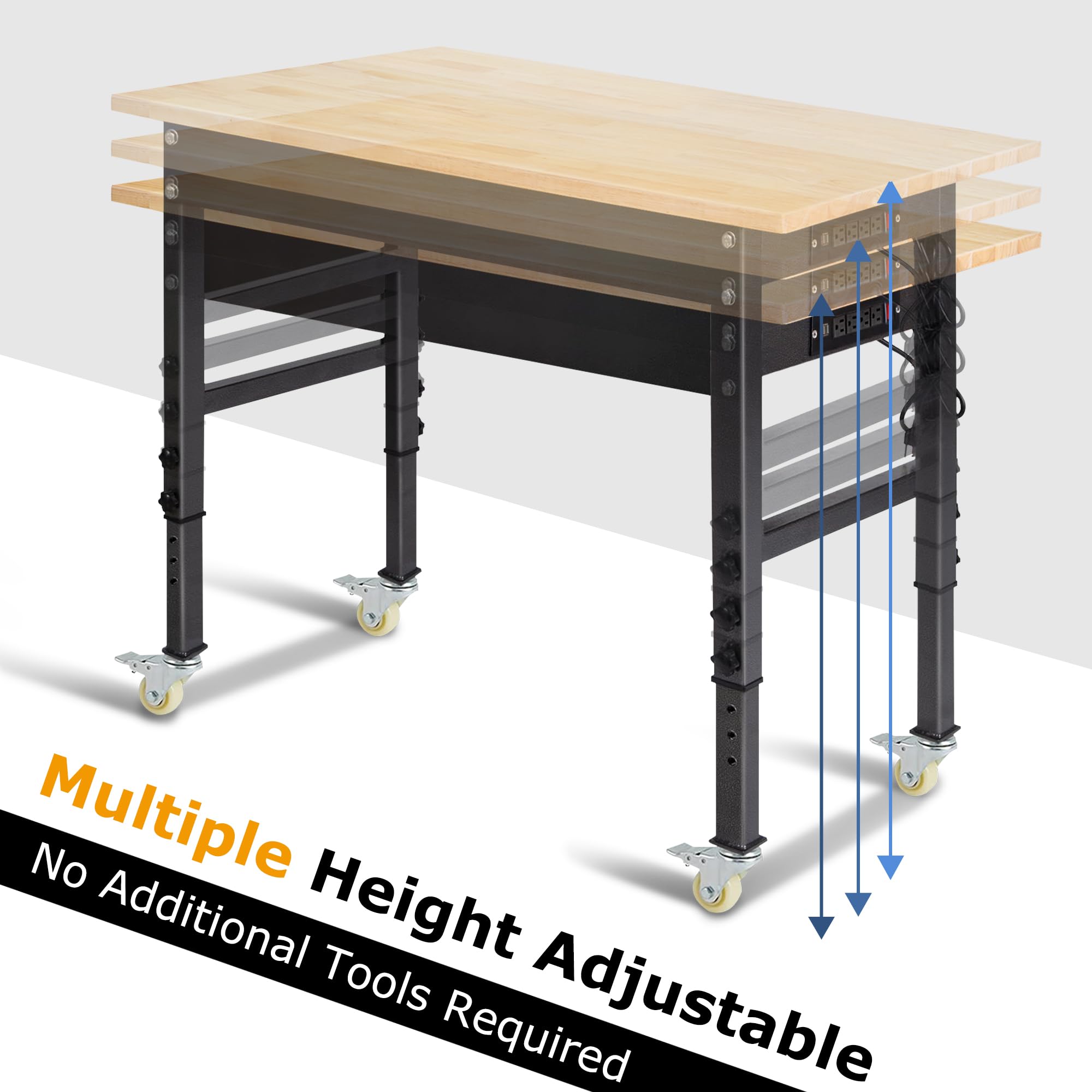 48' Adjustable Work Bench, Rubber Wood Top Workbench Heavy-Duty Work Table With Power Outlet,Workbenches Wheels, 2000 Lbs Load Capacity Hardwood Work Benches For Garage, Workshop, Home, Office